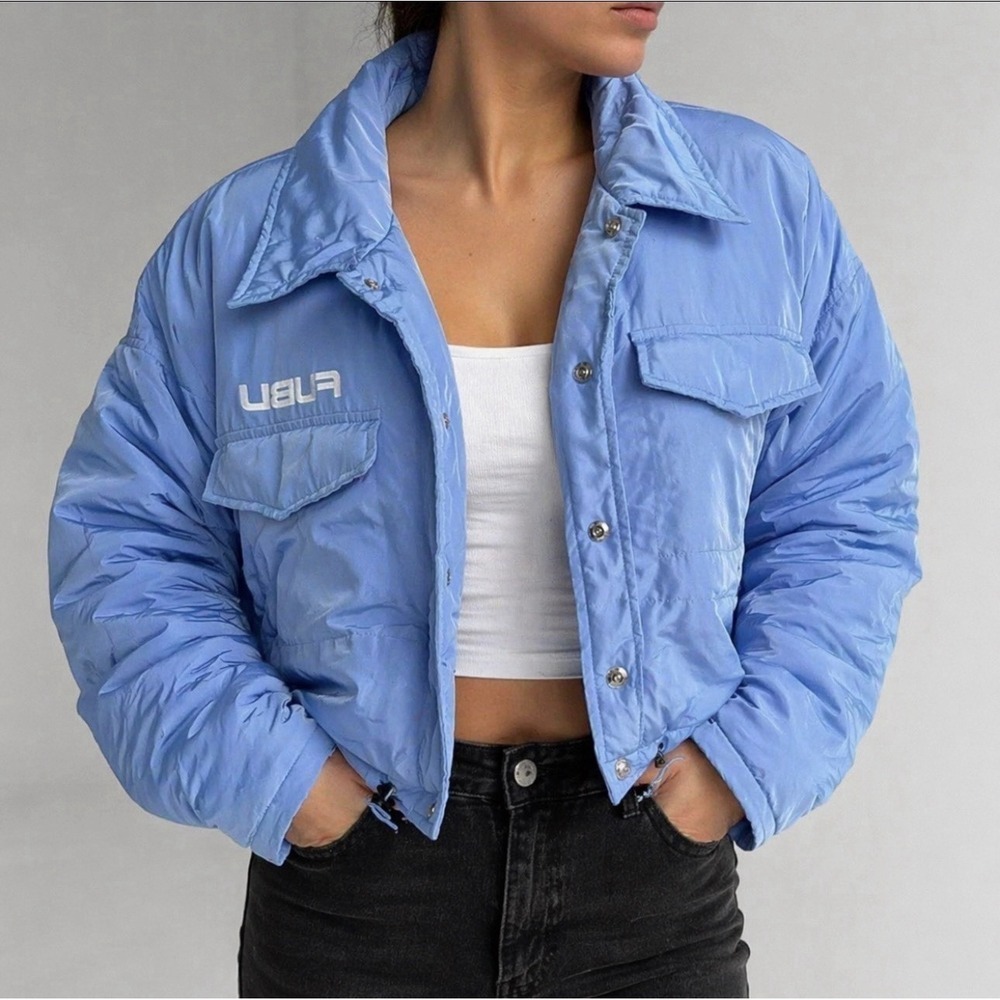 FUBU + Forever 21 Crop Bomber Jacket Blue Collared Snap Front Women Y2K